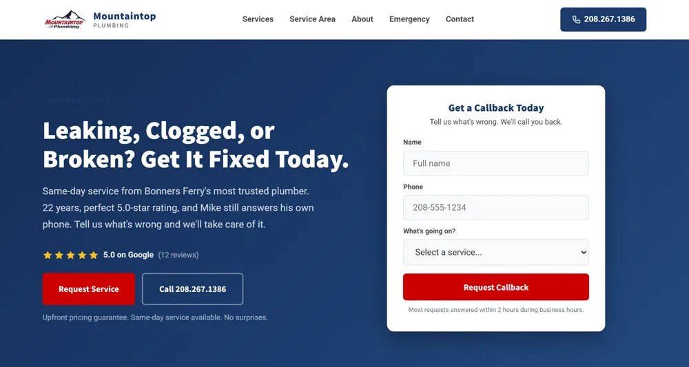 Mountaintop Plumbing website